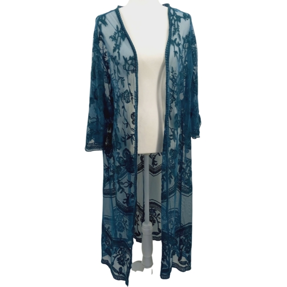 *SOLD* CRACKER BARREL Boho Chic Teal Floral Lace Mesh Kimono Duster Beach Cover - Picture 12 of 12
